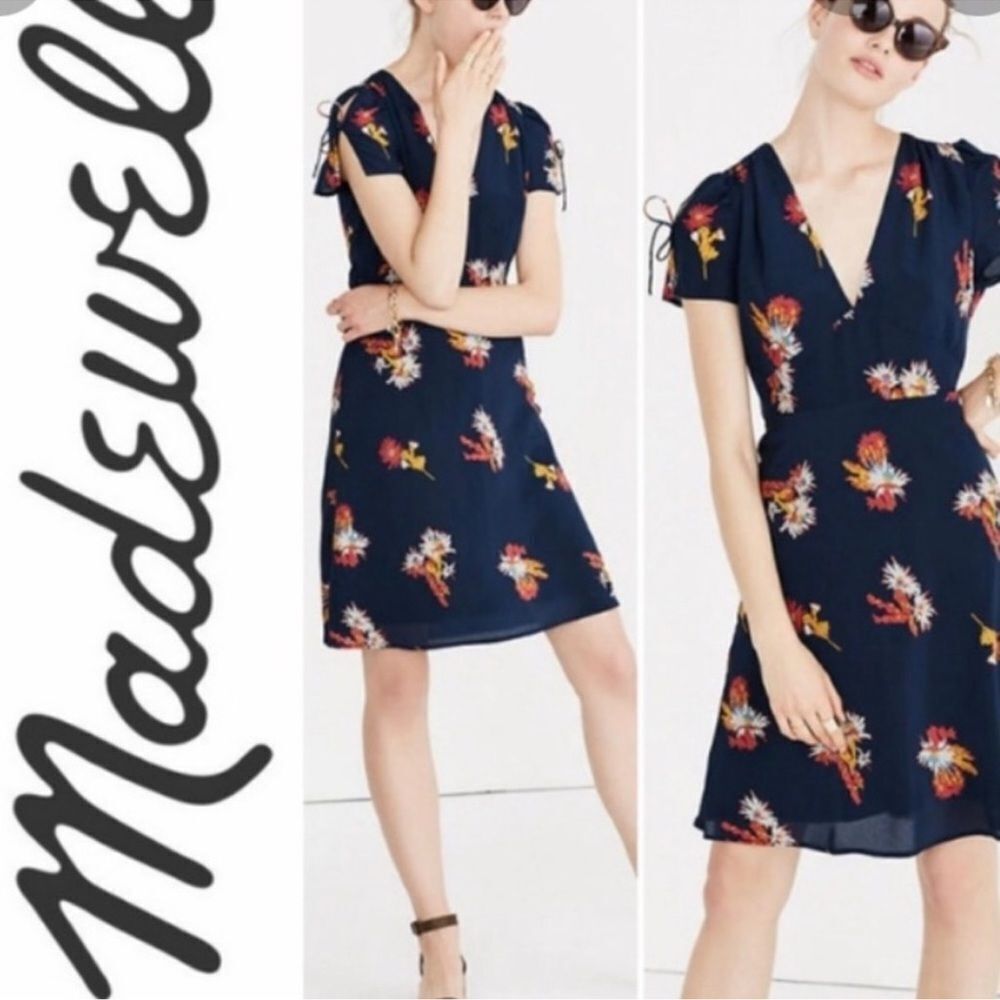 Madewell Silk Poppy Dress Cactus Flower Navy Mini
